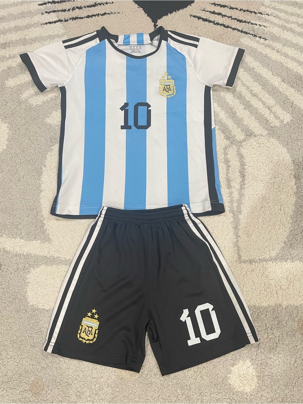 adidas Kids Blue & White Striped Soccer Jersey with Black Shorts